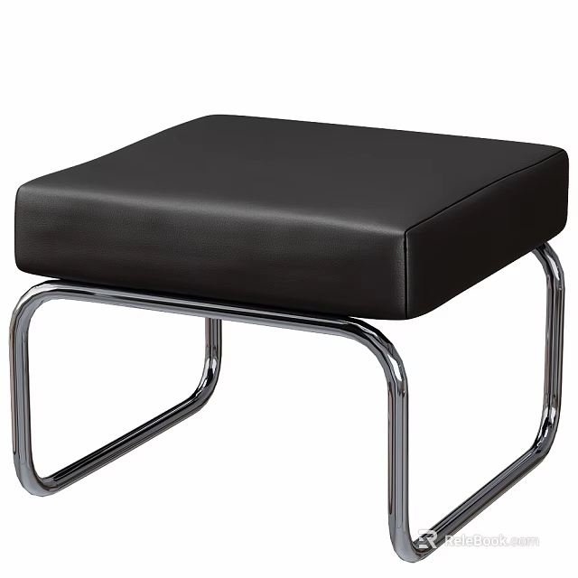 Modern Stylish Stool With Black Leather Seat And Silver Metal Frame 3d model 