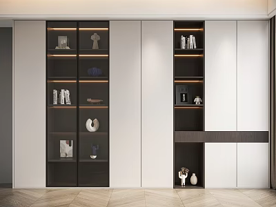 Modern Bookcase Design With Glass Doors Wooden Shelves And Decorative Items 3d model