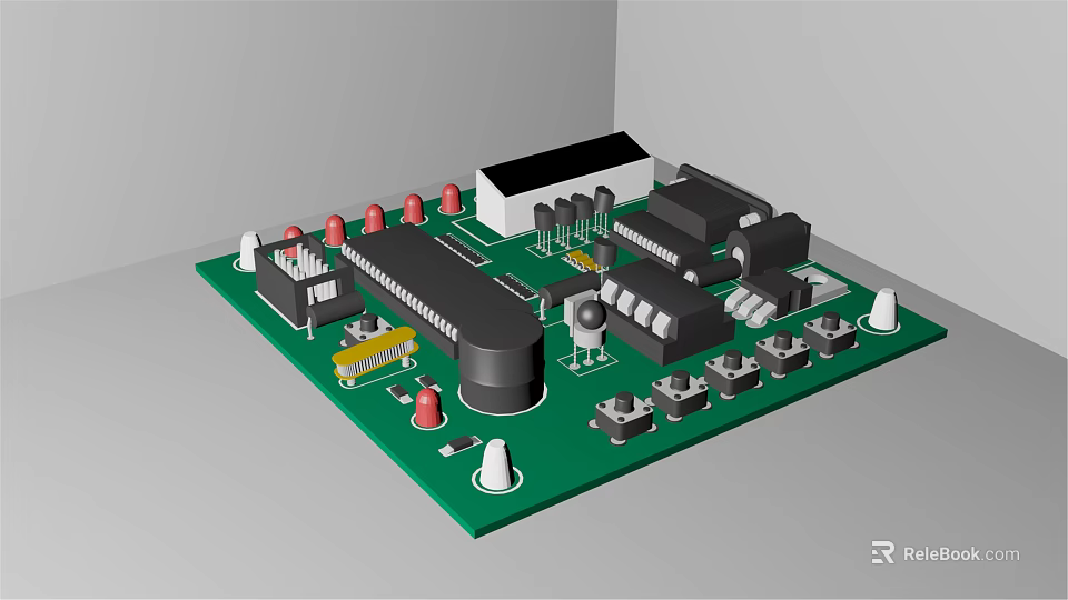 Green Circuit Board With Electronic Components Resistors Capacitors And Chips 3d model