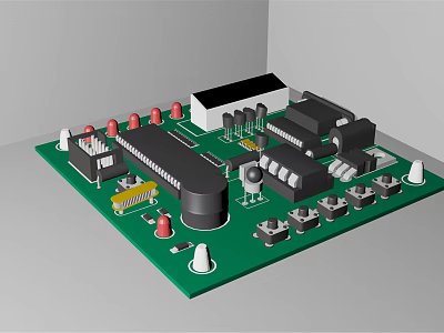 Green Circuit Board With Electronic Components Resistors Capacitors And Chips 3d model