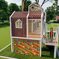 Fun Kids Tree House With Red Roofs White Structure And Climbing Net On Grass Lawn