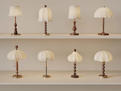Various Table Lamps with Different Designs on Shelves and Decorative Bases 3d model