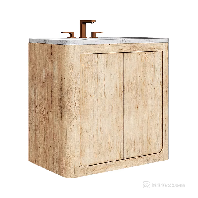 Wooden Bathroom Vanity With Marble Countertop Brass Faucet Double Door Design 3d model 
