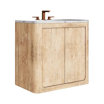 Wooden Bathroom Vanity With Marble Countertop Brass Faucet Double Door Design 3d model