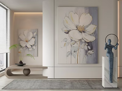 Stylish Modern Interior With White Floral Paintings Grey Background And Decorative Sculpture 3d model