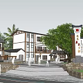 Traditional Chinese Architecture Area With White Walls Black Tiles Trees And People Walking