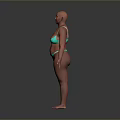 Bald Curvy Woman In Green Bikini Standing Full Body Against Gray Background