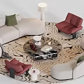 Beige Sofa And Coffee Table Set With Red Accent Chairs Green Pillows And Patterned Rug 3d model