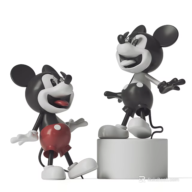 Cartoon Style Mickey Mouse Sculptures With Playful Poses Red Shorts And White Pedestal 3d model 