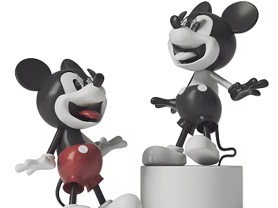 Cartoon Style Mickey Mouse Sculptures With Playful Poses Red Shorts And White Pedestal 3d model
