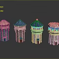 Four Diverse Style Tower Architecture Models With Wooden Stone And Blue Roof Designs