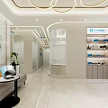 Hospital Outpatient Clinic Modern Lobby Featuring Reception Desk Circular Chandeliers Sofa Area and Marble Floor