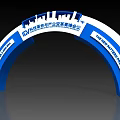 Blue And White Archway Featuring City Skyline Silhouette For Tech Innovation Industry Forum