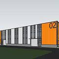Modern Industrial Warehouse With Orange And White Exterior Large Windows Number 27 And Surrounding Green Lawn