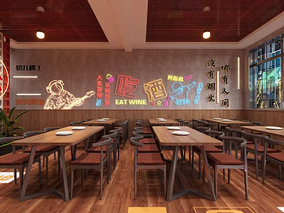 Modern Restaurant Interior Featuring Wooden Tables Chairs Colorful EAT WINE Wall Graffiti And Pendant Lights 3d model