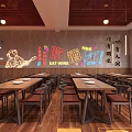 Modern Restaurant Interior Featuring Wooden Tables Chairs Colorful EAT WINE Wall Graffiti And Pendant Lights