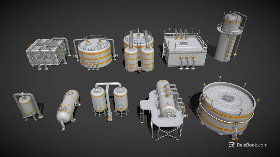 Diverse Industrial Equipment Collection with Tanks Vessels Pipes and Processing Towers 3d model 