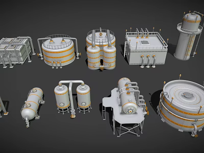 Diverse Industrial Equipment Collection with Tanks Vessels Pipes and Processing Towers 3d model