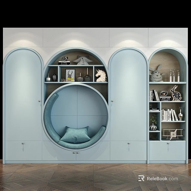 Light Blue Modern Wardrobe With Circular Seating Nook Arched Doors Open Shelves And Decorative Items 3d model 