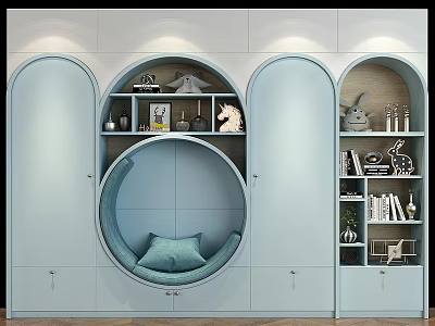 Light Blue Modern Wardrobe With Circular Seating Nook Arched Doors Open Shelves And Decorative Items 3d model