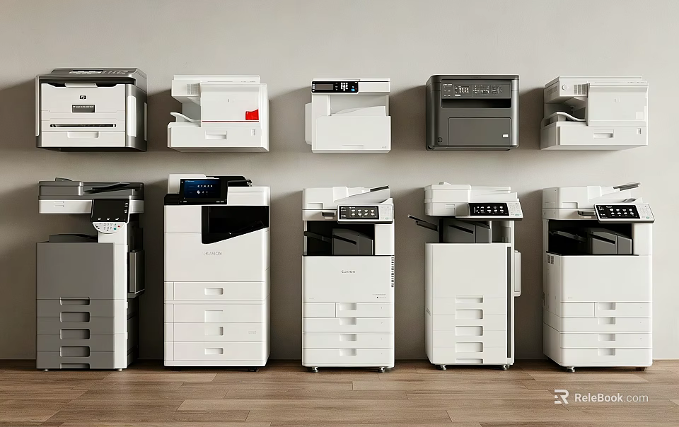 Modern Office Appliances Including Multifunction Printers Copiers And Scanners Various Models In White And Gray 3d model 