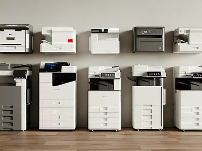 Modern Office Appliances Including Multifunction Printers Copiers And Scanners Various Models In White And Gray 3d model