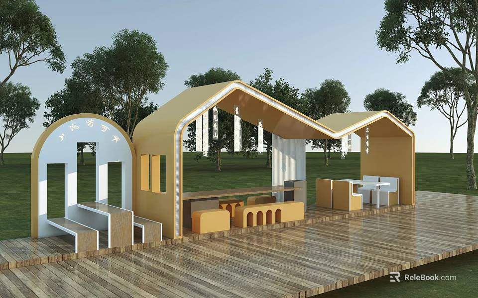 Modern Outdoor Pergola With Arched Roof On Wooden Deck Surrounded By Trees And Seats 3d model 