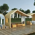 Modern Outdoor Pergola With Arched Roof On Wooden Deck Surrounded By Trees And Seats