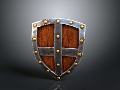 Medieval Shield Wooden Surface With Metal Frame And Golden Rivets Vintage Design 3d model