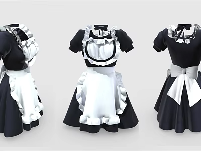 Three Black and White Maid Dresses with Apron Bow Short Sleeves and Ruffled Design 3d model