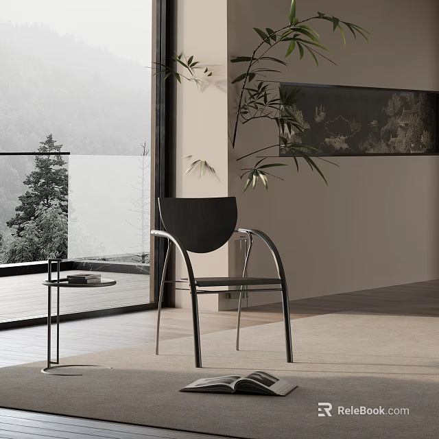 Modern Leisure Chair With Side Table Green Plant And Mountain View By Large Window 3d model 