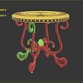 Ornate Round Wooden Table With Red Patterned Tabletop And Curved Spiral Carved Legs