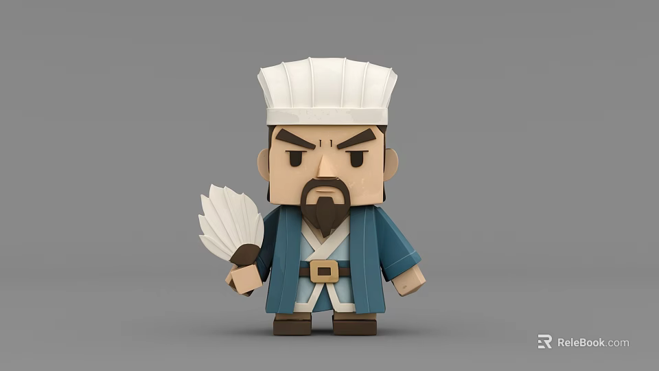 Traditional 3D Model Game Character With White Hat Feather Fan Blue Robe And Beard 3d model 