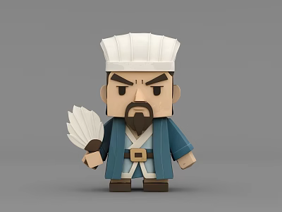 Traditional 3D Model Game Character With White Hat Feather Fan Blue Robe And Beard 3d model