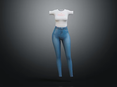 White Fitted Tight Top With Blue Slim Fit Jeans Fashion Outfit 3d model