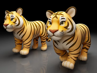 Two Cute Cartoon Tiger Plush Toys With Yellow Black Stripes And White Paws 3d model