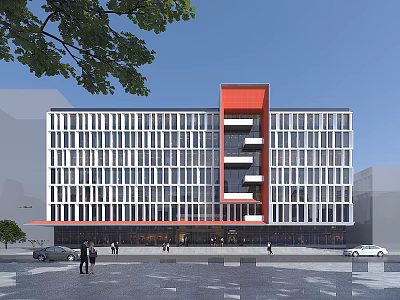 Modern Office Building White Exterior Red Vertical Accent Glass Curtain Wall Front Street Pedestrians Cars 3d model