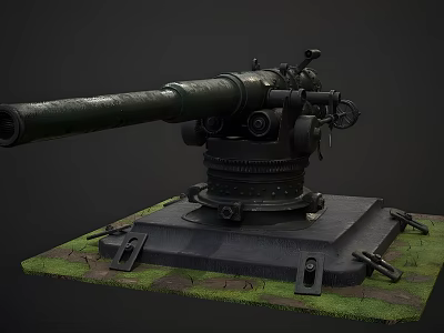 Vintage Cannon With Long Barrel Mounted On Black Base Over Grass Stone Ground 3d model