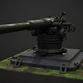Vintage Cannon With Long Barrel Mounted On Black Base Over Grass Stone Ground