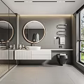 Modern Bathroom Interior Design With Double Vanities Round Mirrors Glass Shower And Gray Tiles