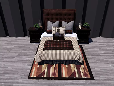 Double Bed with Brown Upholstered Headboard Striped Plaid Bedding Nightstands Green Plants and Geometric Rug 3d model
