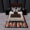 Double Bed with Brown Upholstered Headboard Striped Plaid Bedding Nightstands Green Plants and Geometric Rug