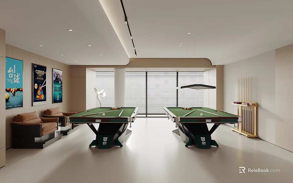 Billiard Tables in Spacious Entertainment Room with Sofa Posters and Windows 3d model 