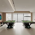 Billiard Tables in Spacious Entertainment Room with Sofa Posters and Windows 3d model