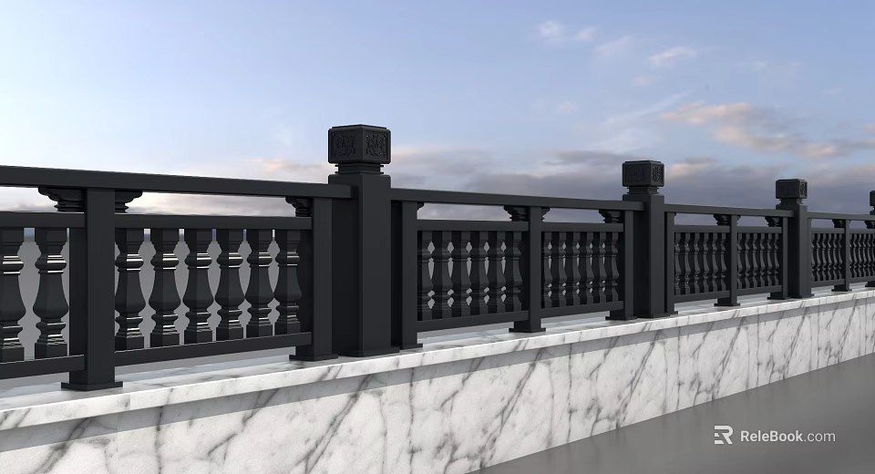 Black Ornate Railings With Decorative Posts On Marble Platform Surface 3d model 
