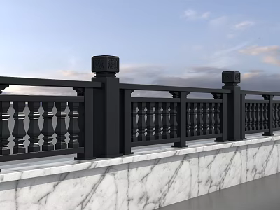 Black Ornate Railings With Decorative Posts On Marble Platform Surface 3d model