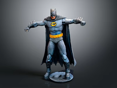 Batman Sculpture Carving With Blue Costume Yellow Logo Black Cape And Outstretched Arms 3d model