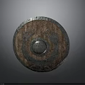 Vintage Wooden Shield With Metal Rim Dragon Carvings And Central Boss