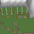 Outdoor Playground Equipment In Wooded Area With Green Grass Swings And Log Seats