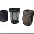 Blue Wooden Bucket Green Mesh Trash Can And Brown Wooden Barrel In Kitchen Scene